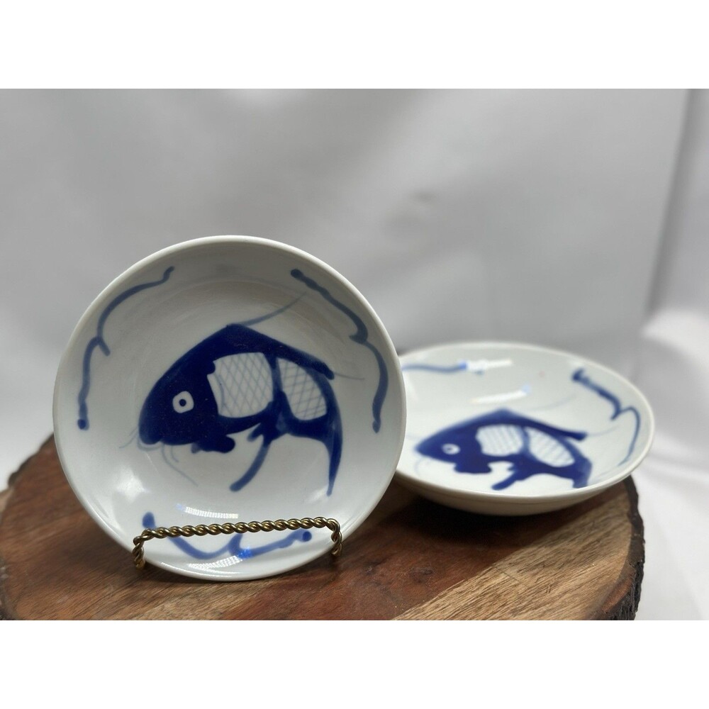 Koi Fish Chinese Vintage Carp Hand Painted 2 Bowl Plate Set